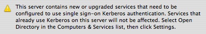 This server contains new or upgraded services that need to be configured to use single sign-on Kerberos authentification. Services that already use Kerberos on this server will not be affected. Select Open Directory in the Computers & Services list, then click Settings